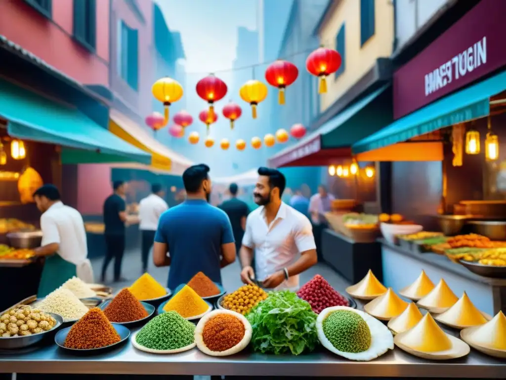 Recetas sin gluten comida callejera: Un mercado callejero bullicioso con puestos de comida variada y colorida, clientes disfrutando de las delicias