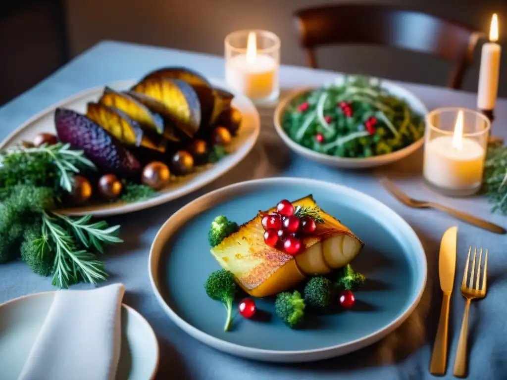 Recetas navidad sin gluten completas: Mesa festiva con platos elegantes y decoración cálida