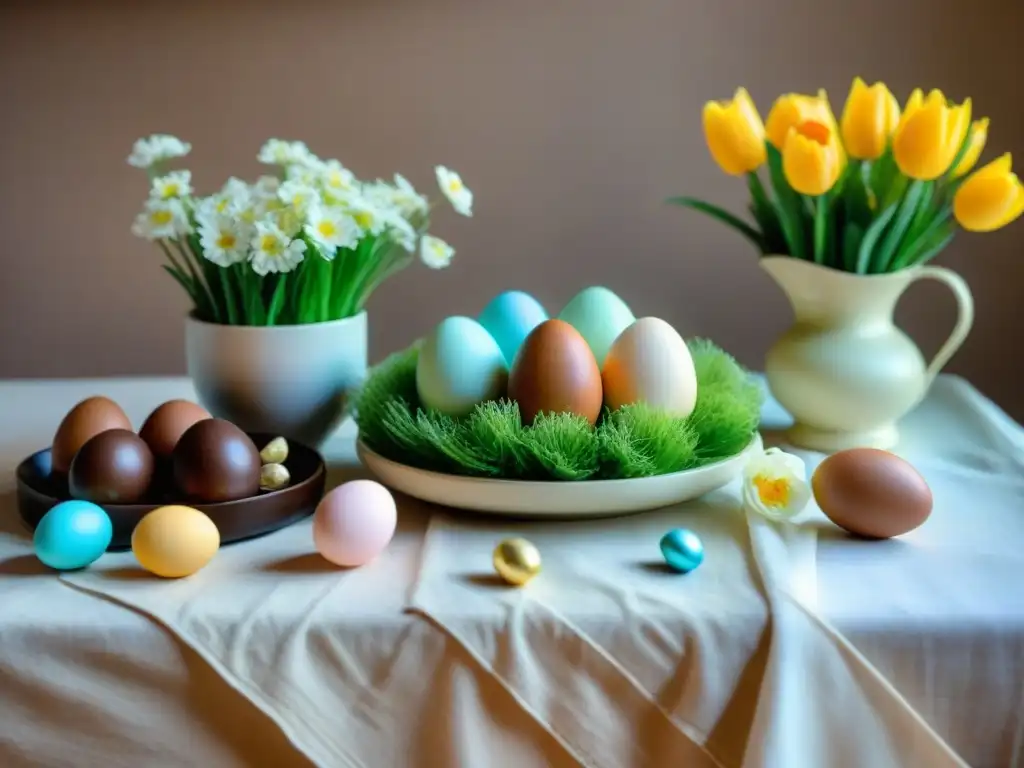 Pascua sin gluten recetas dulces: Mesa festiva con huevos de chocolate y dulces coloridos, decorada con flores y tonos pasteles