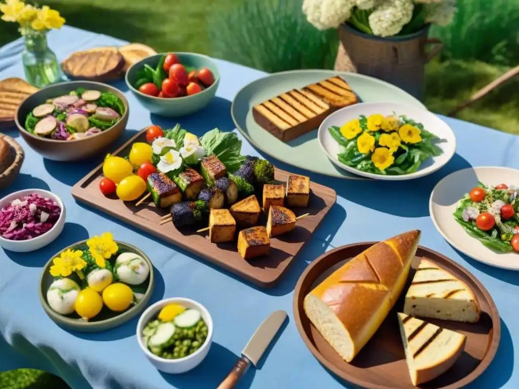 Recetas sin gluten para barbacoas: mesa de picnic con coloridos platillos al aire libre en primavera