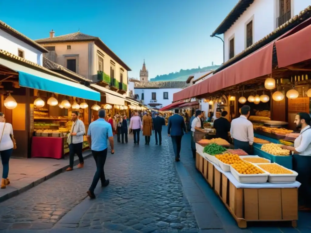 Recetas sin gluten innovadoras en Granada: vibrante escena callejera con puestos de comida coloridos y arquitectura histórica bajo un cielo azul claro