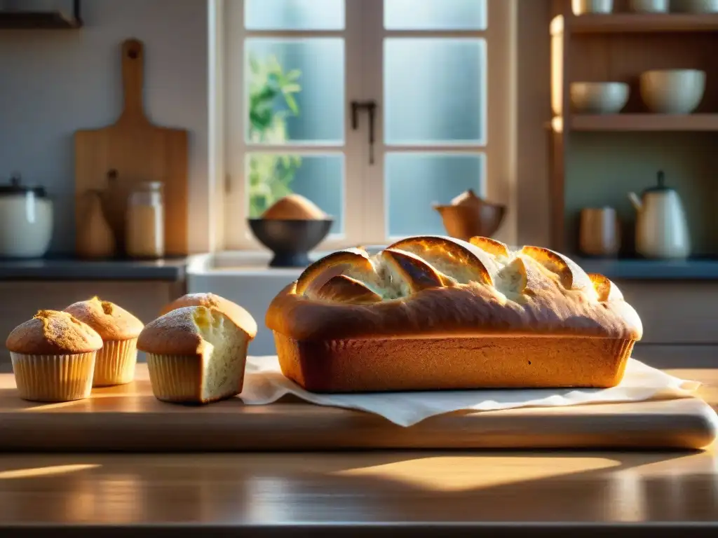 Recetas sin gluten reconfortantes: El ambiente acogedor de una cocina llena de pan recién horneado y pasteles, bañados por la cálida luz del sol