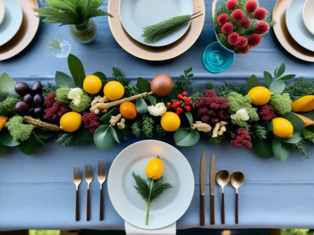 Recetas sin gluten para reuniones: Mesa elegante con platos coloridos, flores y frutas frescas