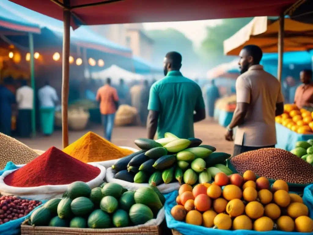 Recetas sin gluten sabores africanos: Mercado africano vibrante con colores, texturas y sabores exóticos en una escena detallada y realista