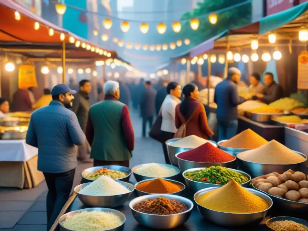 Recetas sin gluten sabores exóticos: Un bullicioso mercado indio lleno de colores, aromas y sabores, donde la gente disfruta de la variedad culinaria