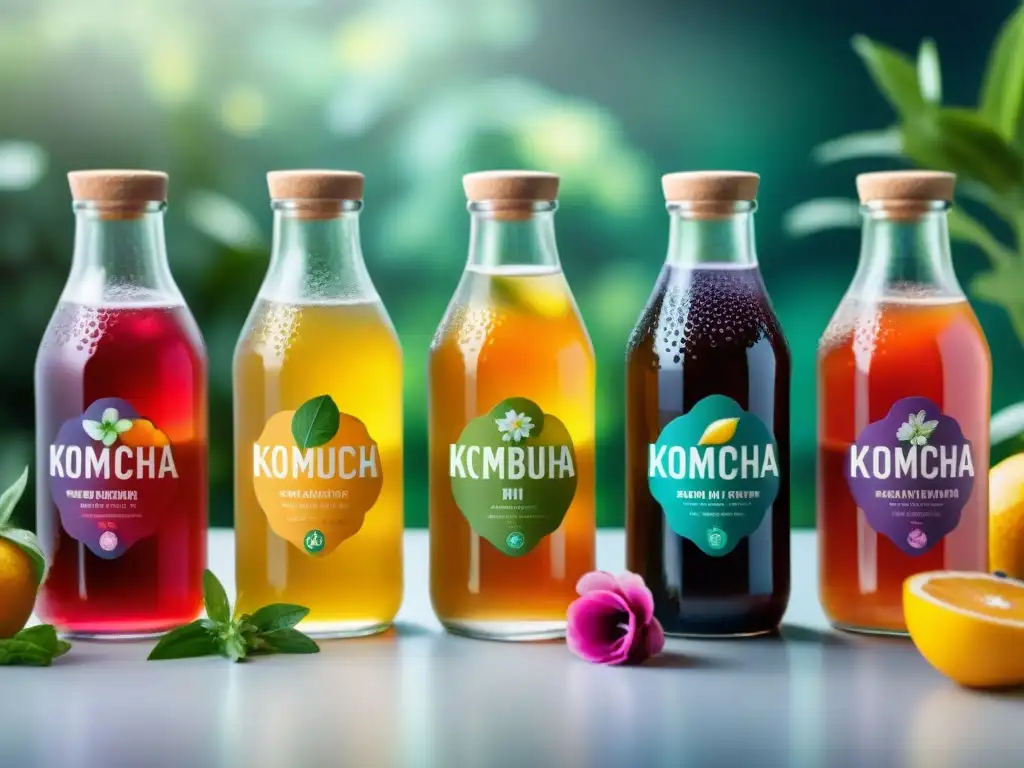 Recetas kombucha sin gluten innovadoras: Elegantes botellas de kombucha coloridas, condensadas y adornadas con frutas frescas y flores comestibles