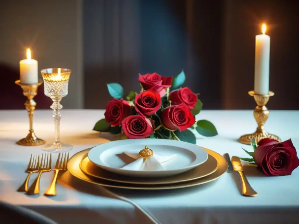 Recetas cena romántica sin gluten: mesa elegante con vino, velas y rosas rojas