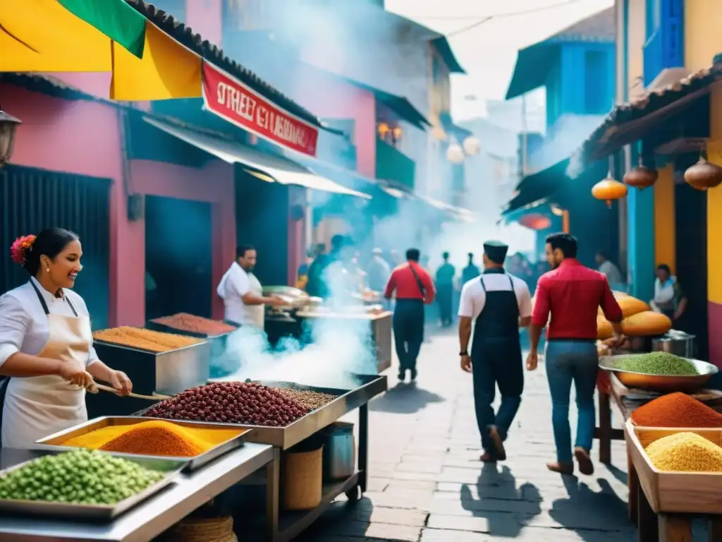 Recetas street food latino sin gluten: Mercado callejero vibrante con colores, sabores y aromas de América Latina