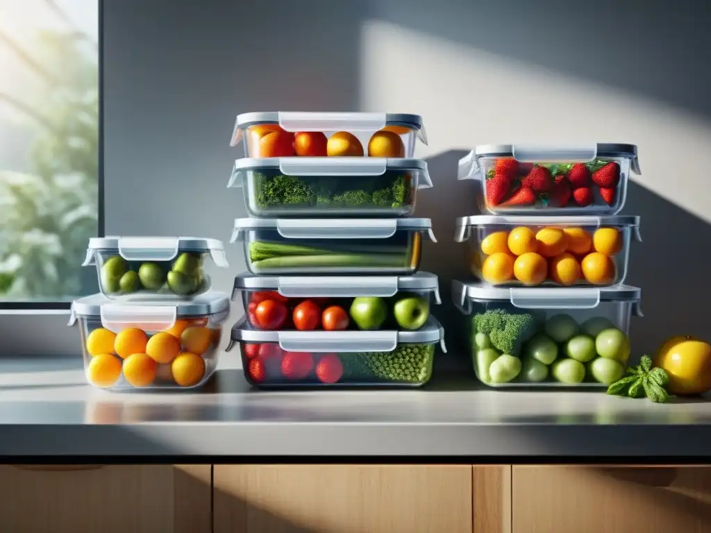 Recipientes para conservar alimentos sin gluten en cocina moderna con frutas y verduras frescas