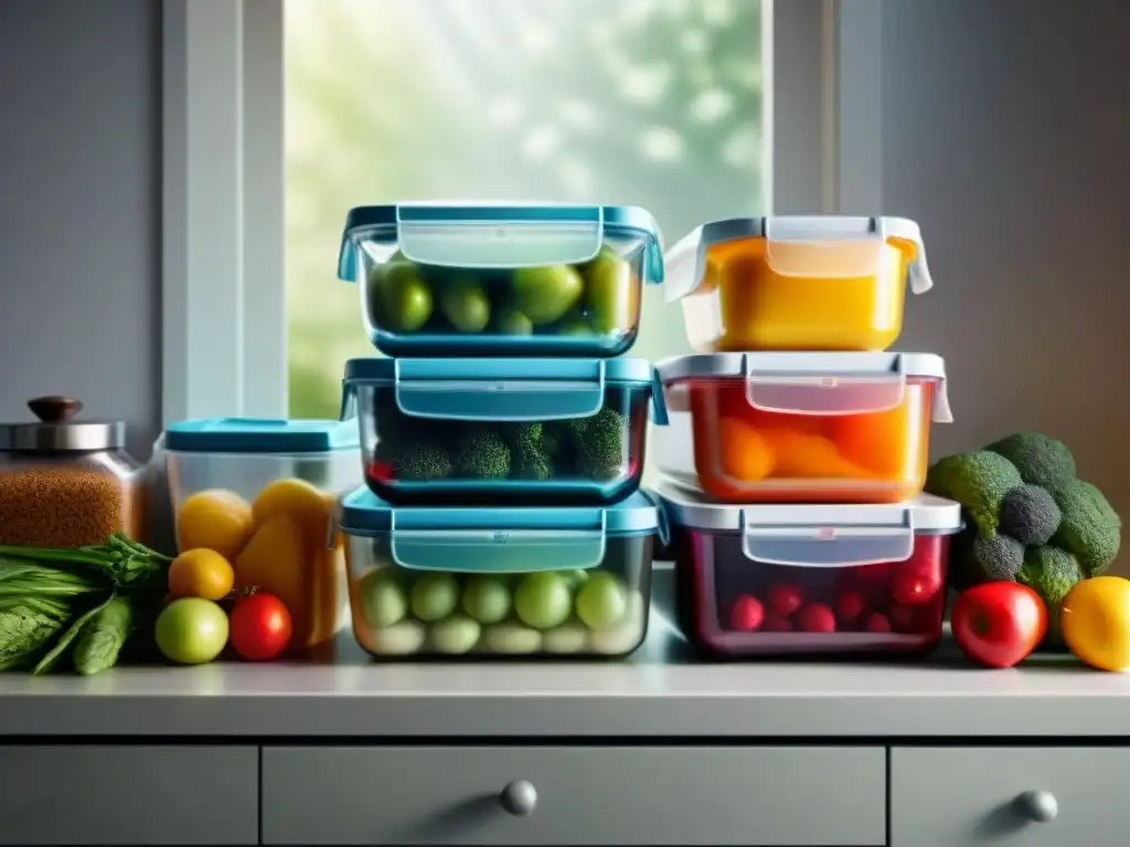 Recipientes para conservar alimentos sin gluten con frutas y verduras frescas y coloridas en cocina soleada