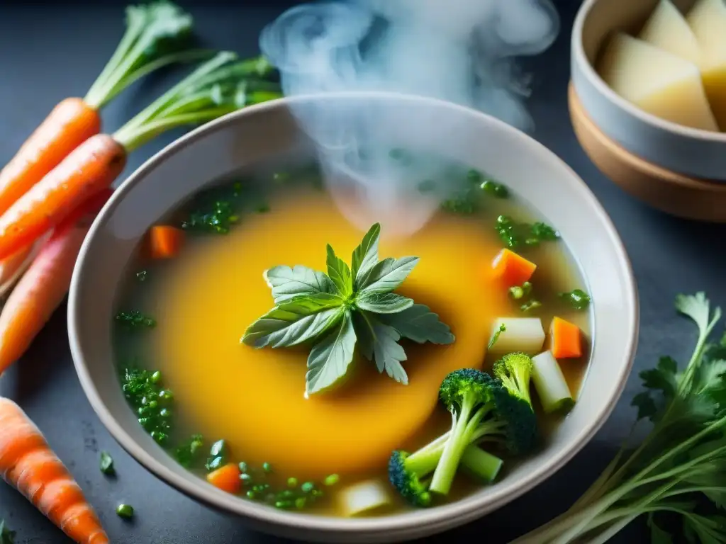 Un reconfortante caldo sin gluten, repleto de verduras coloridas, listo para disfrutar