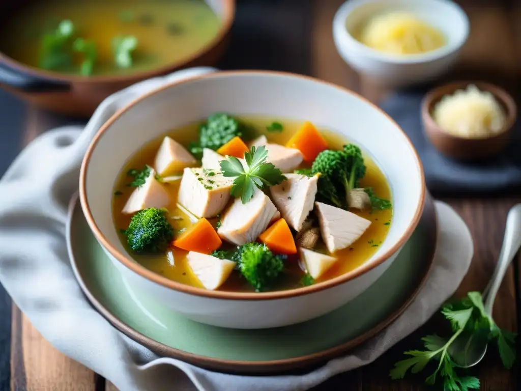 Un reconfortante caldo sin gluten con verduras, pollo y hierbas, en un ambiente acogedor