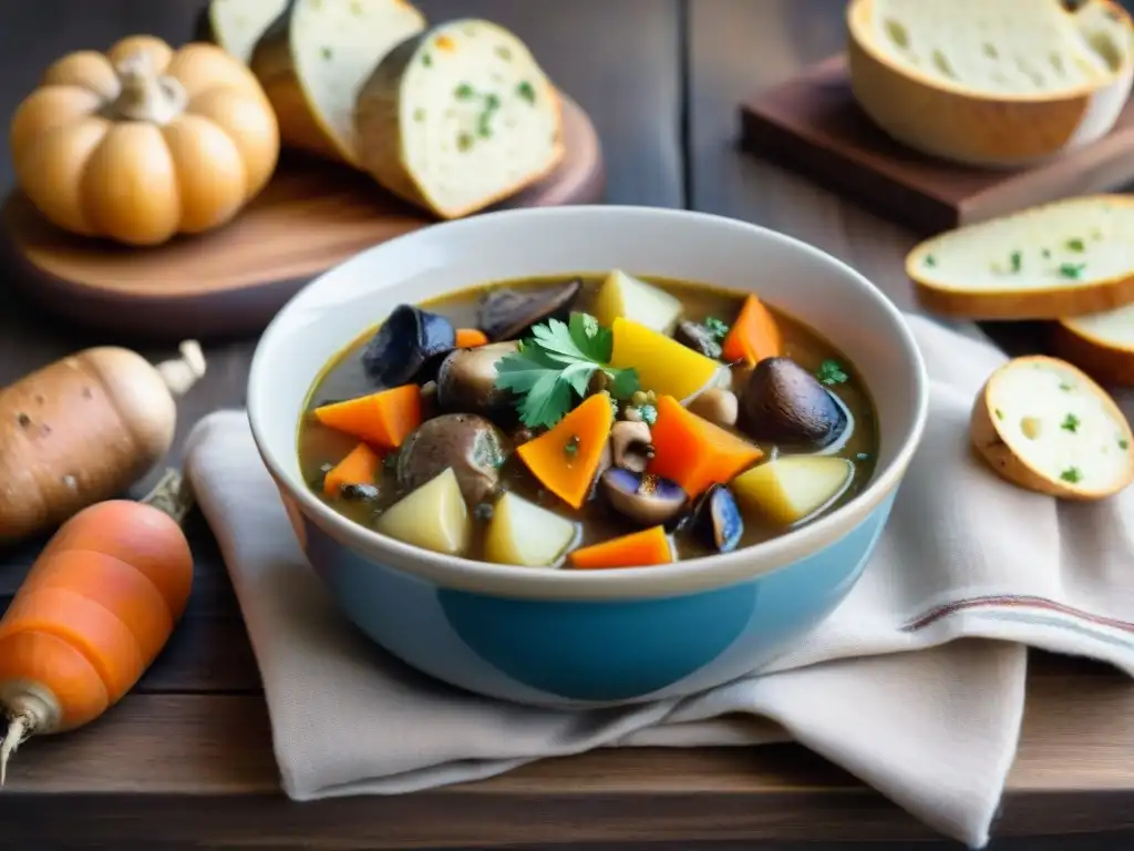 Un reconfortante estofado otoñal sin gluten vegan, lleno de coloridas verduras y hierbas frescas, en una mesa rústica