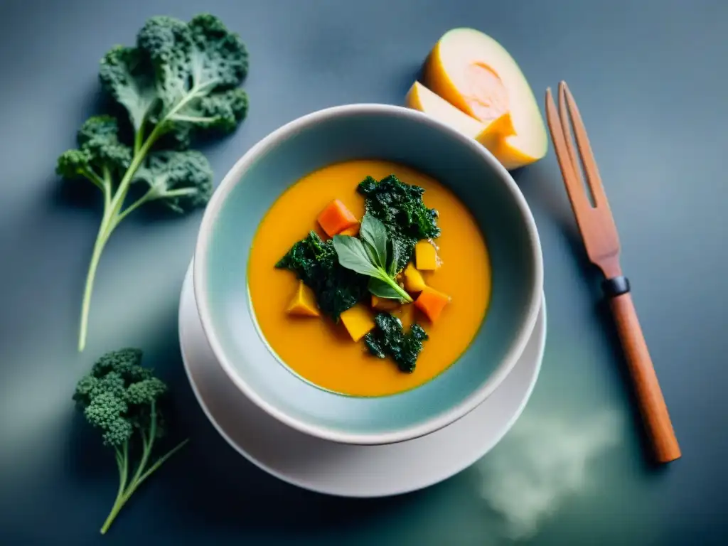 Una reconfortante imagen de una deliciosa sopa de otoño sin gluten, con vibrantes vegetales y hierbas frescas, transmitiendo calidez y sabor