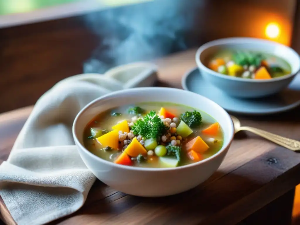 Una reconfortante sopa sin gluten, llena de coloridas verduras y hierbas, en un ambiente cálido