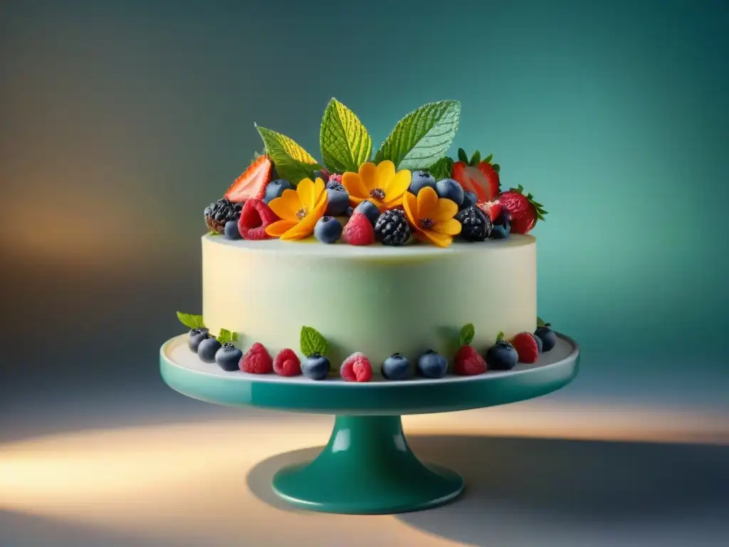 Una refinada tarta sin gluten decorada con flores vibrantes y detalles de repostería meticulosos