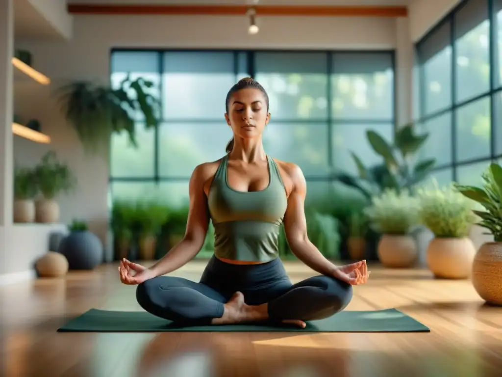 Un refugio de yoga sereno donde atletas practican estiramientos y meditación