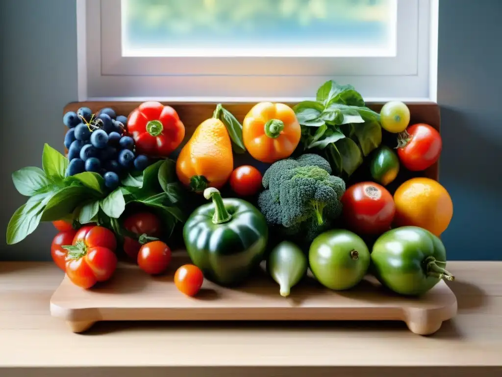 Transforma tu rendimiento sin gluten con una exquisita variedad de frutas y verduras frescas en un tablero de madera