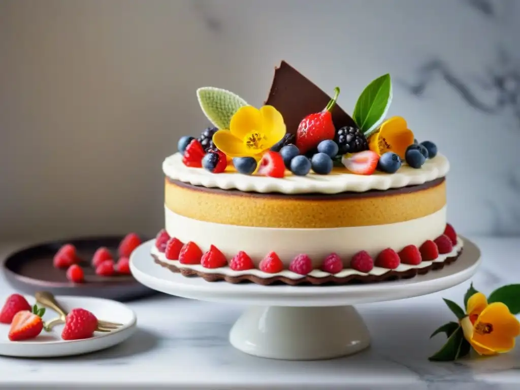 Repostería gourmet sin gluten innovadora: exquisita tarta adornada con frutas frescas, flores comestibles y virutas de chocolate en cocina elegante