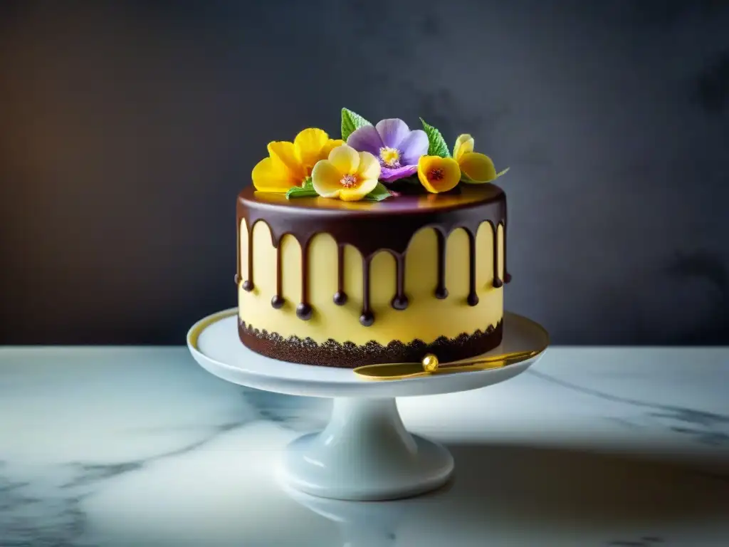 Una repostería gourmet sin gluten innovadora: un pastel de tres pisos decorado con flores comestibles y detalles en oro