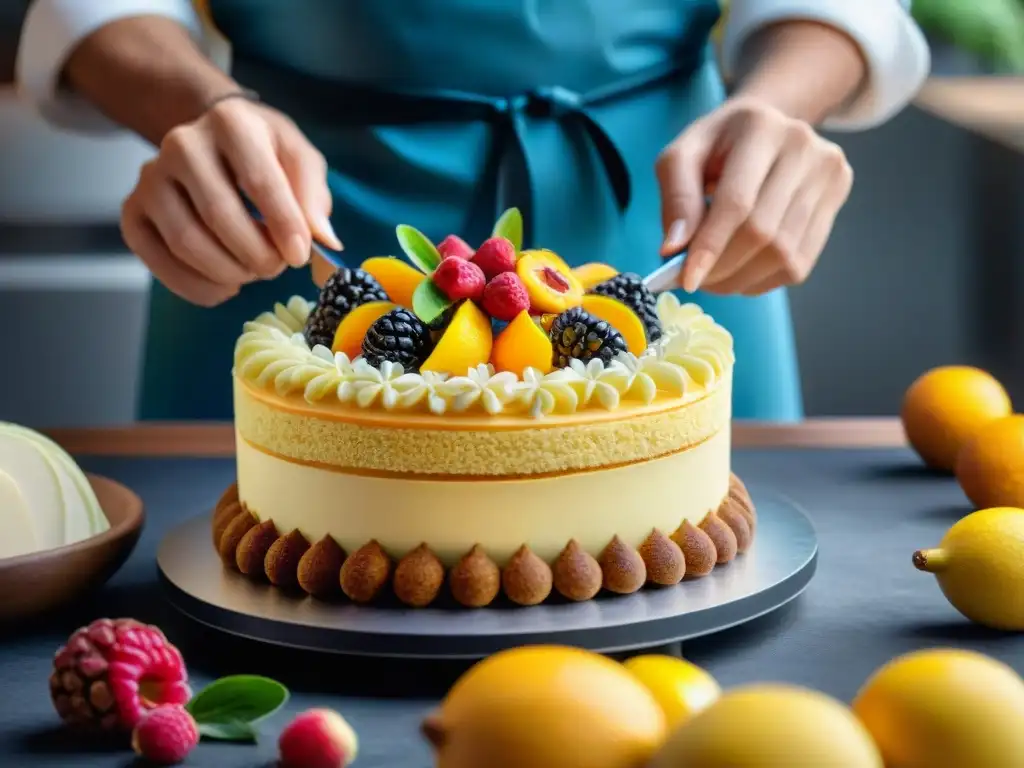 Un repostero experto decora un pastel sin gluten con precisión, rodeado de frutas frescas y flores comestibles