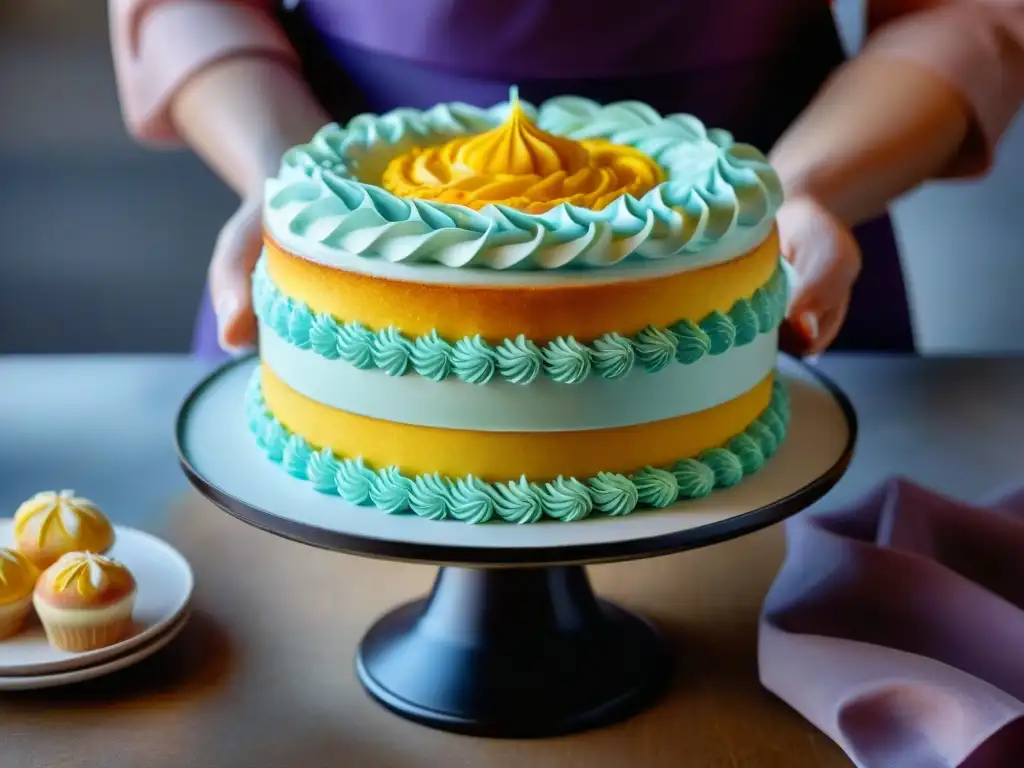 Un repostero experto decora con precisión una tarta sin gluten, mostrando técnicas y creatividad