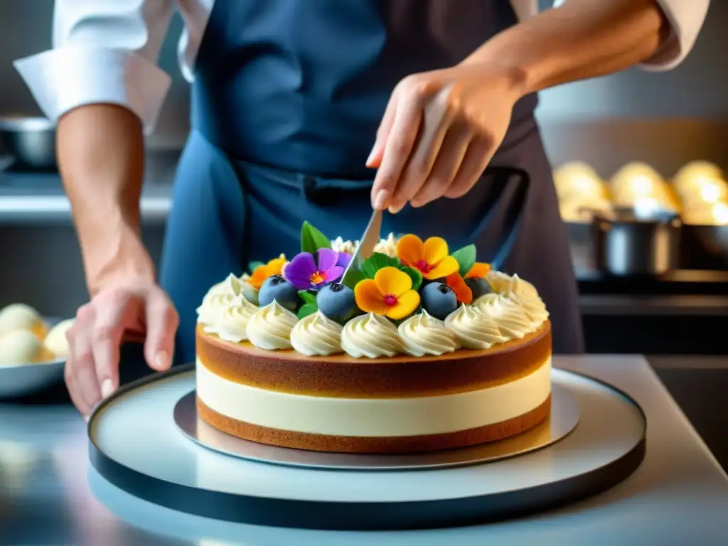 Un repostero gourmet sin gluten innovador decora con precisión una elegante tarta, rodeado de ingredientes y herramientas de alta calidad