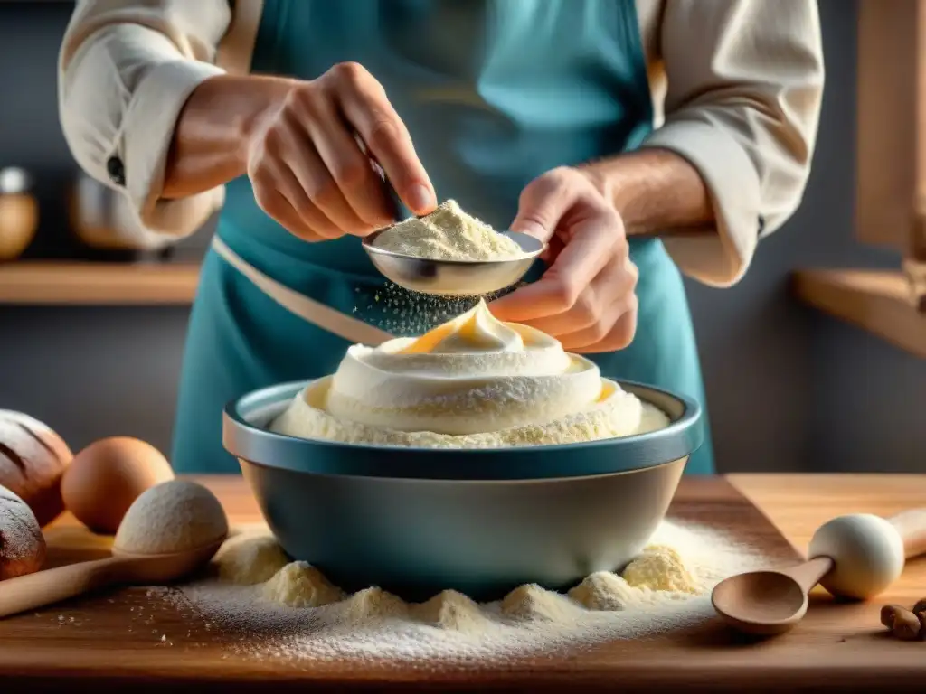 Un repostero tamizando harina sin gluten en un bol, creando un bizcocho esponjoso perfecto