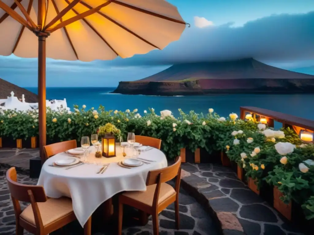 Un restaurante acogedor en Lanzarote al atardecer, rodeado de vegetación y luces cálidas, ideal para disfrutar de una comida sin gluten