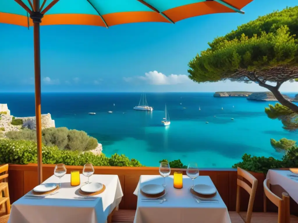 Un restaurante elegante en Menorca con vista al mar, donde se disfruta de gastronomía sin gluten bajo sombrillas coloridas