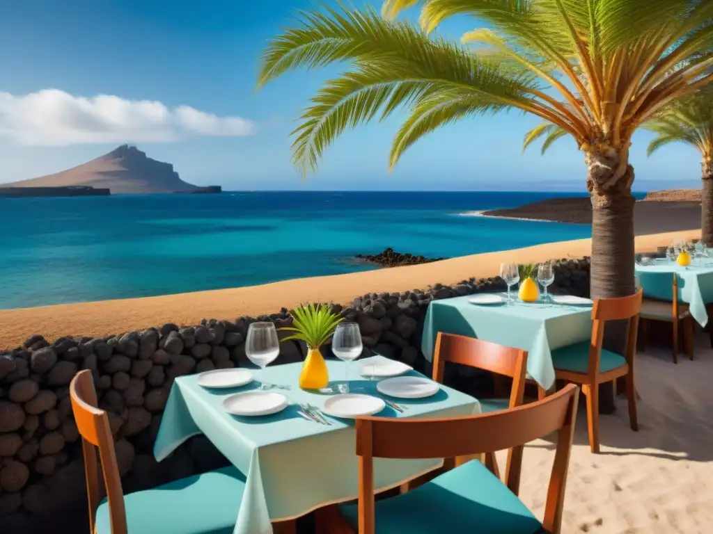 Un restaurante sin gluten en Lanzarote con encanto, mesa elegante y vista al mar cristalino del Atlántico