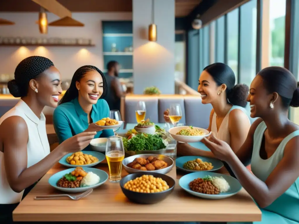 Un restaurante inclusivo y seguro para alergias con clientes felices disfrutando de una comida personalizada