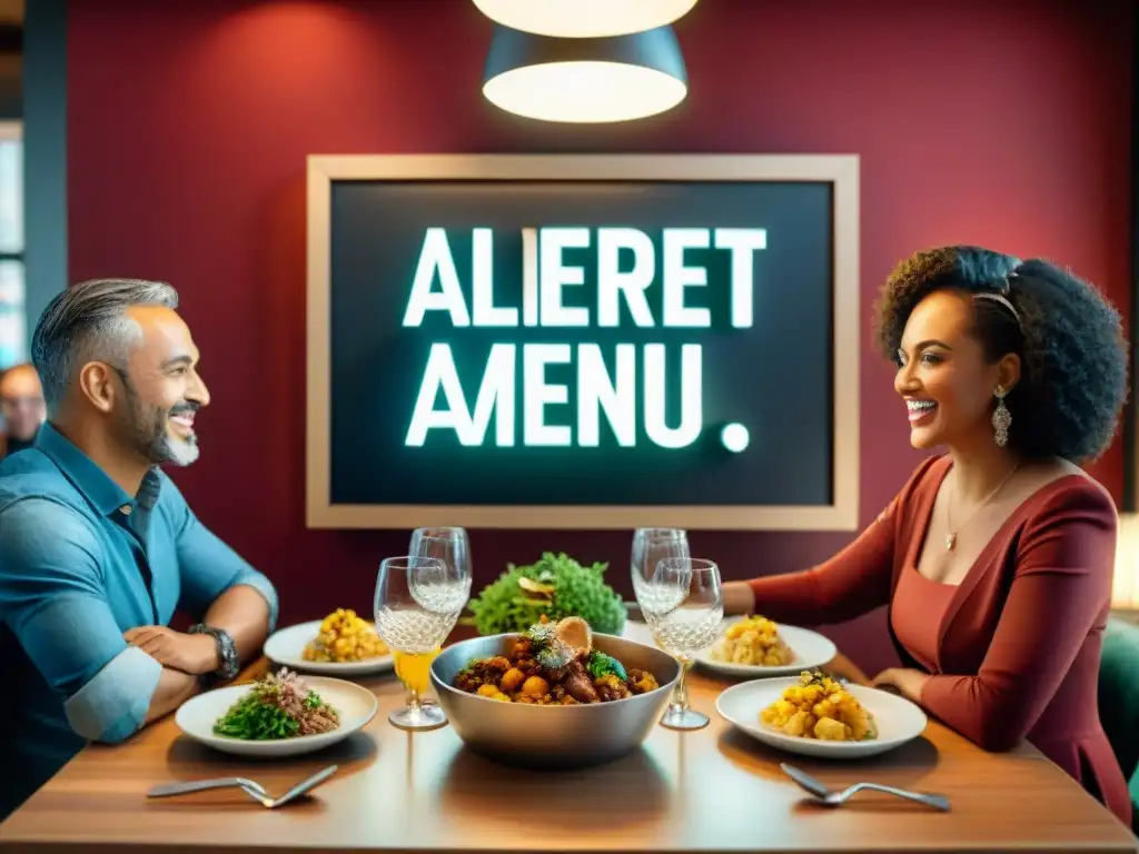 Un restaurante moderno y acogedor con clientes felices de diversas edades y etnias disfrutando de deliciosos platos sin gluten