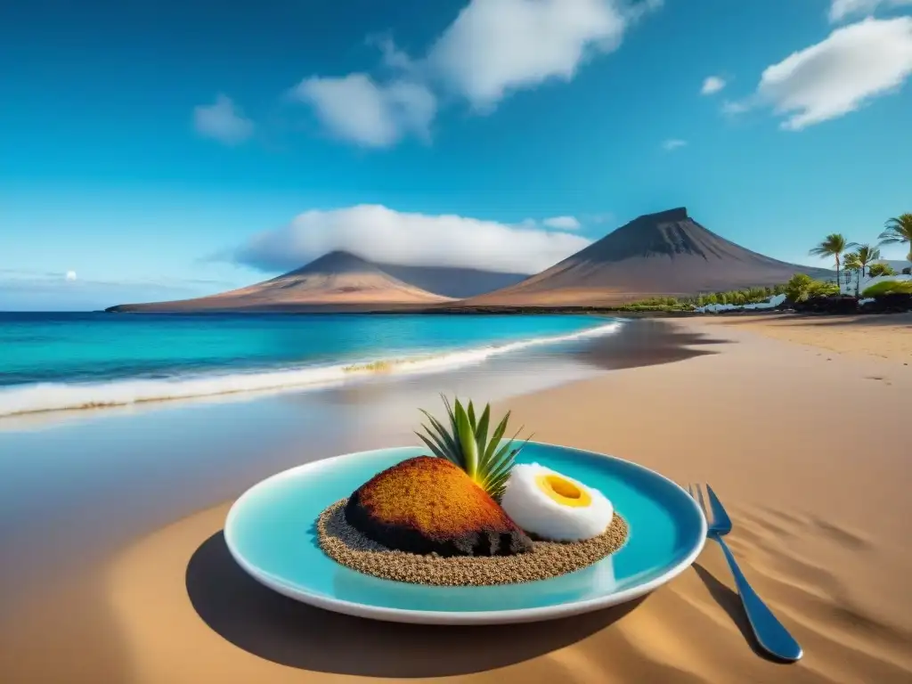 Restaurantes sin gluten en Lanzarote: Playa serena con aguas turquesas, arena dorada y palmeras, ideal para disfrutar sin preocupaciones