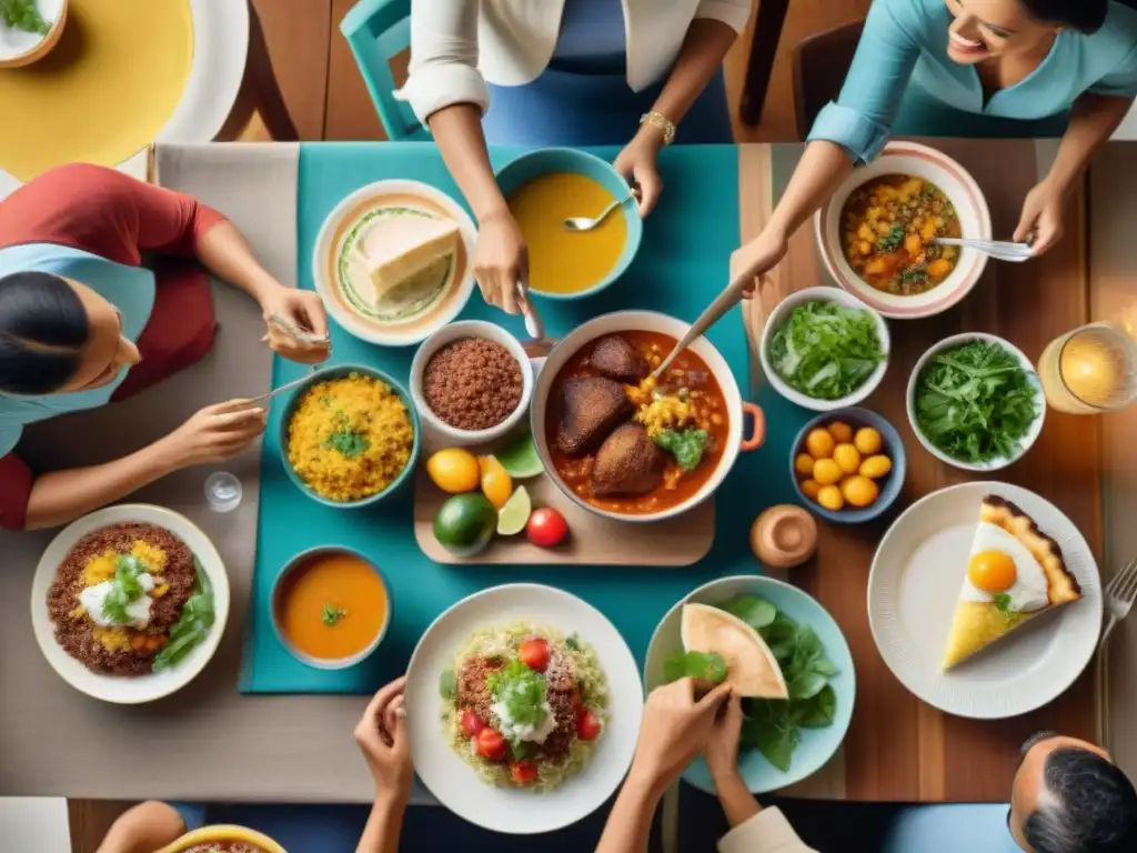 Un retrato detallado de una familia latina disfrutando de una comida sin gluten juntos, en un ambiente cálido y festivo