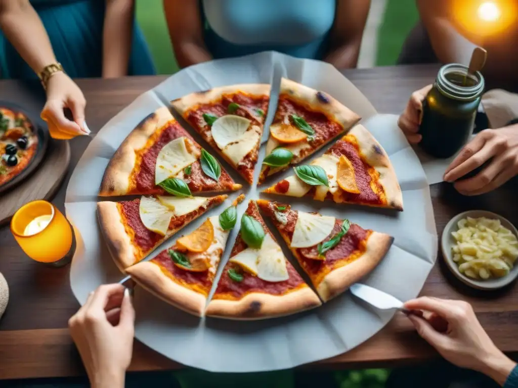 Una reunión alegre con amigos disfrutando de marcas de pizza sin gluten en una atmósfera acogedora y colorida