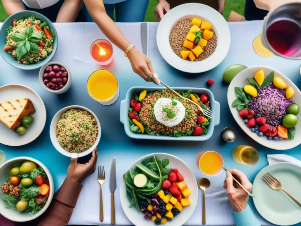 Una reunión alegre alrededor de una mesa con comida sin gluten, transmitiendo comunidad y disfrute compartido