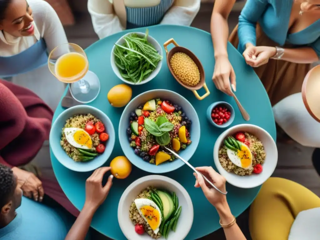 Reunión alegre en torno a mesa con platillos sin gluten como ensalada de quinoa y vegetales a la parrilla