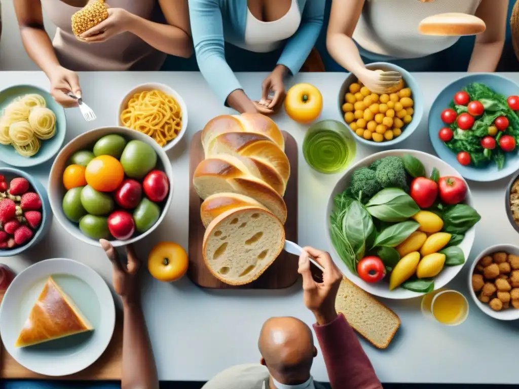 Una reunión animada alrededor de una mesa elegante con productos sin gluten procesados, creando una atmósfera acogedora y saludable