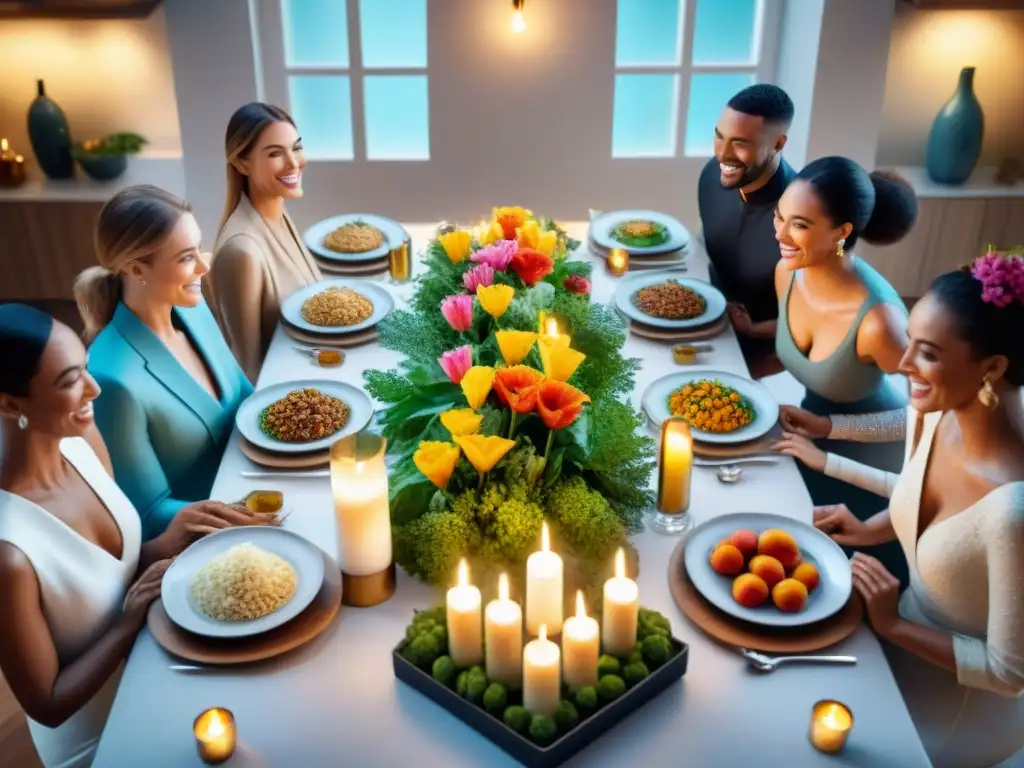 Una reunión cálida y animada alrededor de una mesa llena de recetas sin gluten innovadoras adaptadas