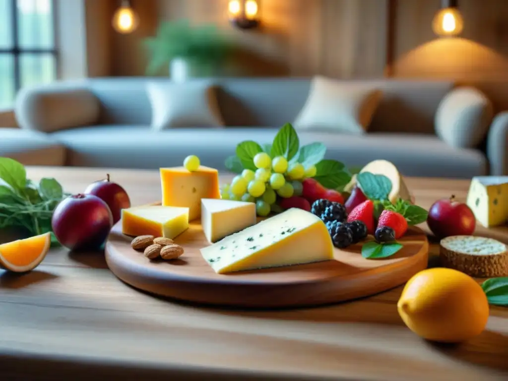 Una reunión animada alrededor de una mesa rústica con quesos sin gluten innovadores, frutas frescas y crackers artesanales