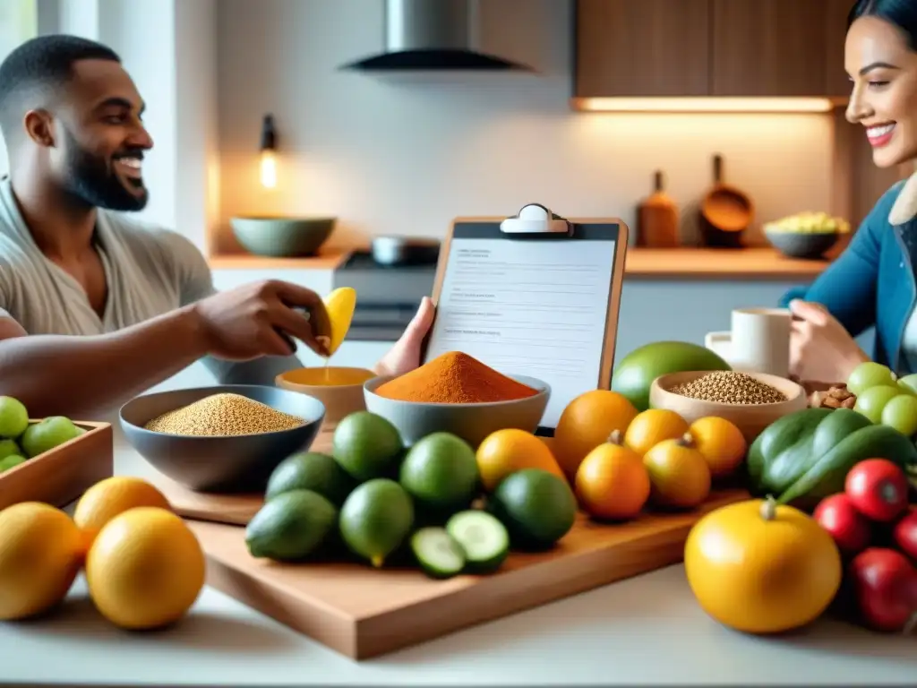 Una reunión diversa en torno a la comida, en una cocina acogedora con opciones para múltiples alergias alimentarias