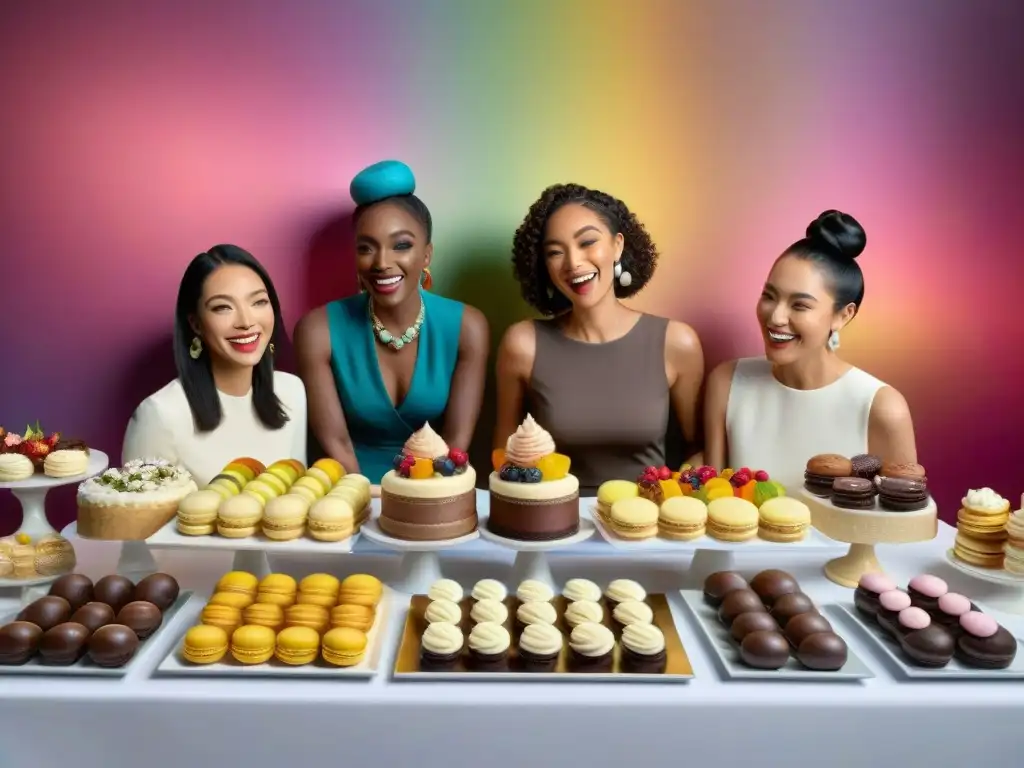 Diversidad y alegría: delicias sin gluten en comunidad Una reunión feliz de personas disfrutando de dulces sin gluten innovadores en una mesa elegante
