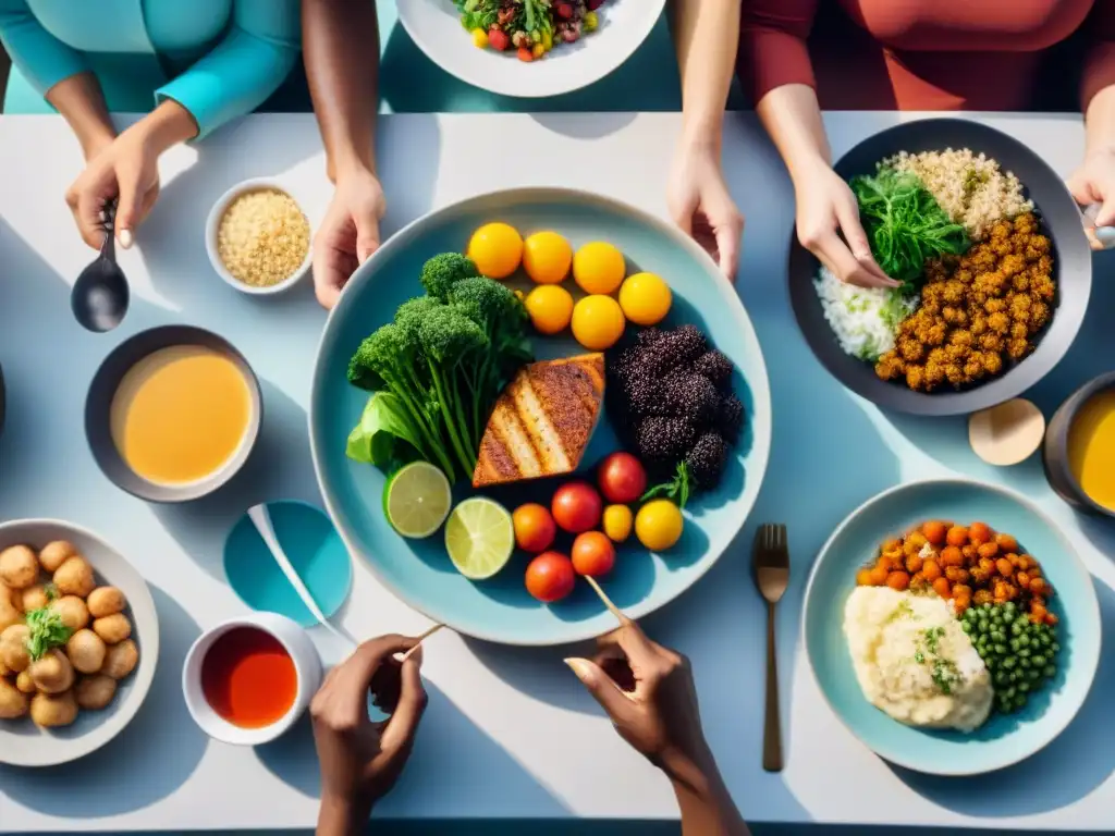 Reunión de personas diversas disfrutando de una comida sin gluten inclusiva y diversa en una mesa bellamente decorada