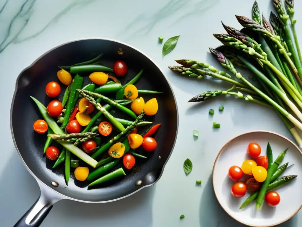 Un revuelto primaveral de verduras sin gluten en sartén, con aspárragos, tomates, pimientos y guisantes, en su punto con hierbas frescas