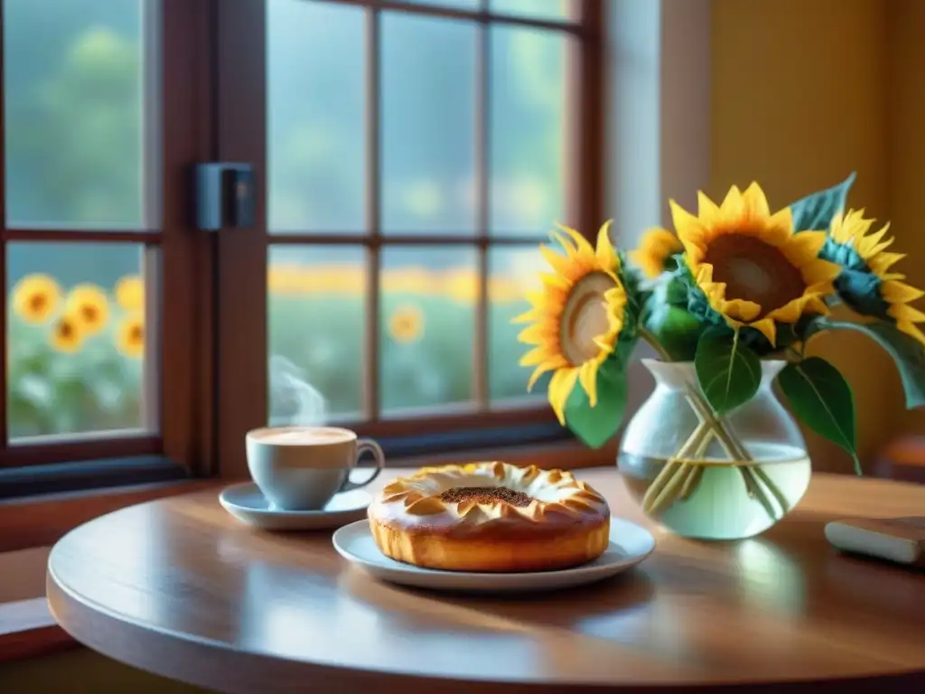 Un rincón acogedor en un café sin gluten delicioso: mesa de madera con café, pastelería y girasoles, bañados por cálida luz solar