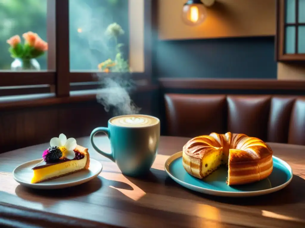 Un rincón acogedor de cafetería con deliciosos cafés sin gluten y pasteles artesanales, bañado por la luz del sol