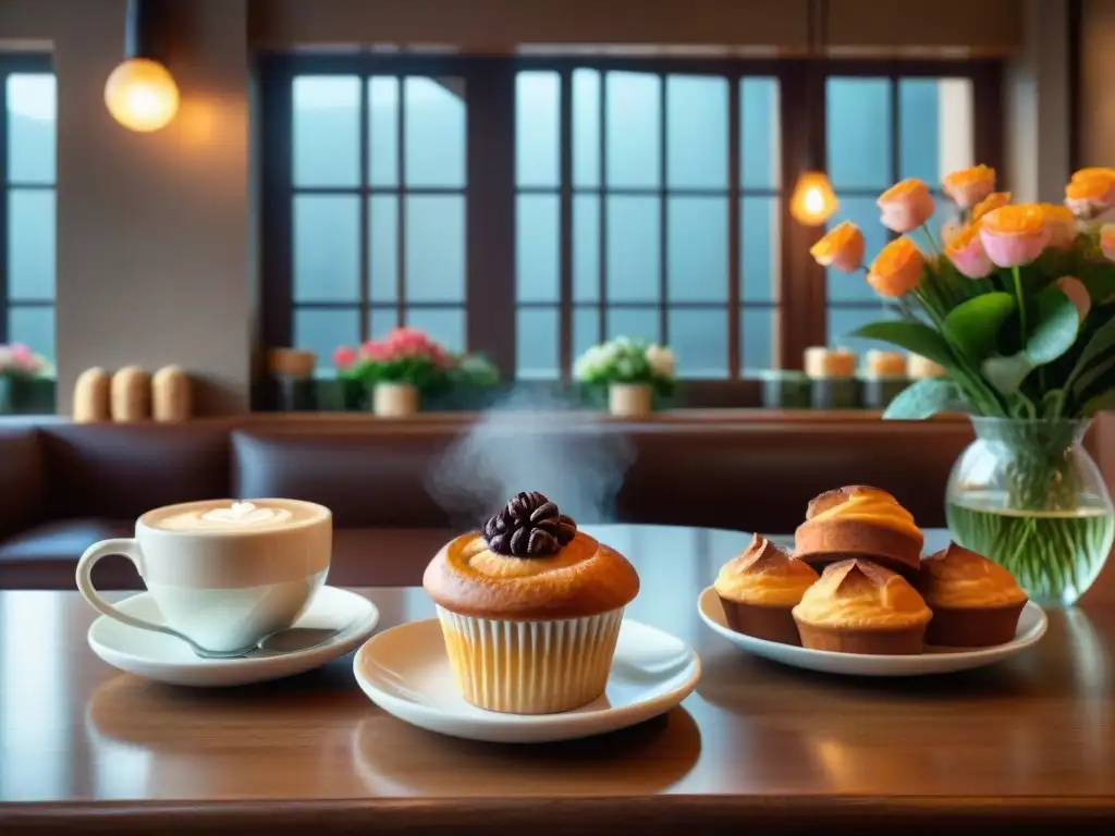 Un rincón acogedor en una cafetería sin gluten recomendada, con deliciosos pasteles y panes en una mesa de madera rústica iluminada por la luz natural