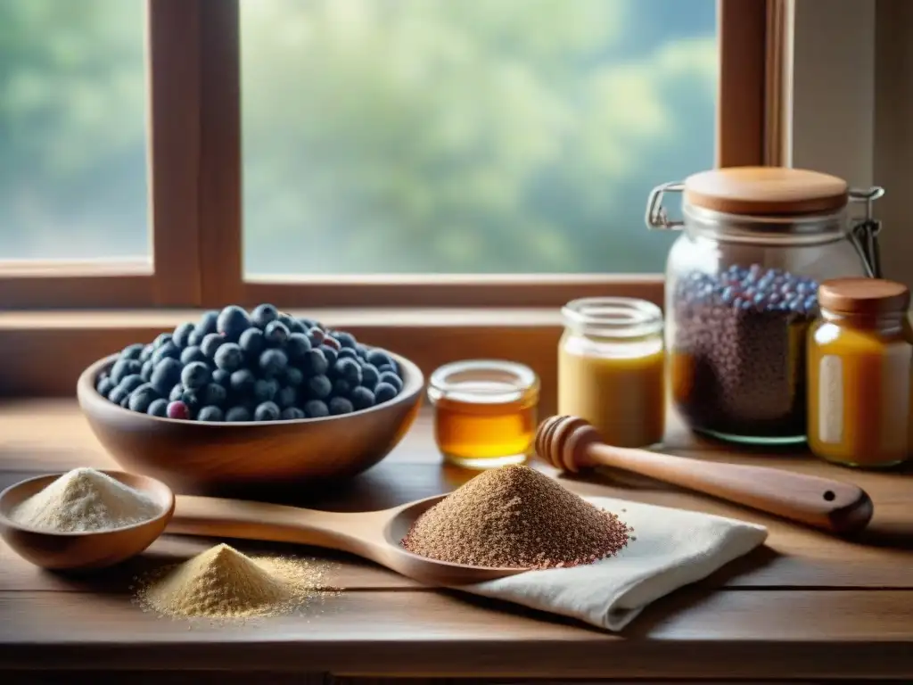 Un rincón acogedor de cocina rústica con ingredientes para recetas sin gluten de trigo sarraceno