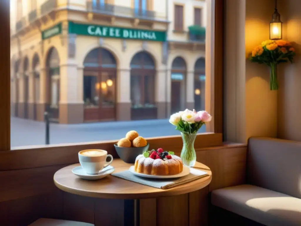 Un rincón acogedor en un encantador café sin gluten en Zaragoza con mesa de madera, repostería y café artesanal